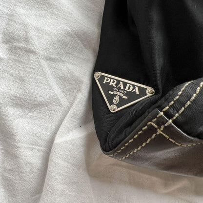 PRADA Hand Bag Tote Purse Logo Nylon Leather Black Authentic