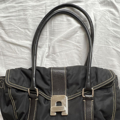 PRADA Hand Bag Tote Purse Logo Nylon Leather Black Authentic
