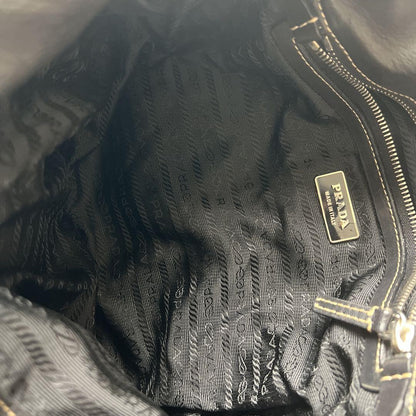 PRADA Hand Bag Tote Purse Logo Nylon Leather Black Authentic