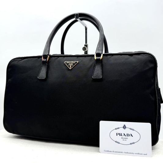 PRADA Hand Bag Tote Purse Logo Nylon Leather Black Authentic