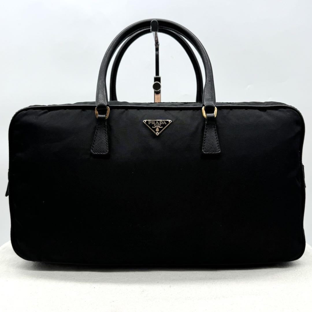 PRADA Hand Bag Tote Purse Logo Nylon Leather Black Authentic