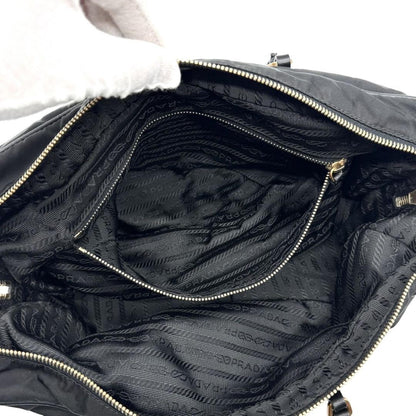PRADA Hand Bag Tote Purse Logo Nylon Leather Black Authentic