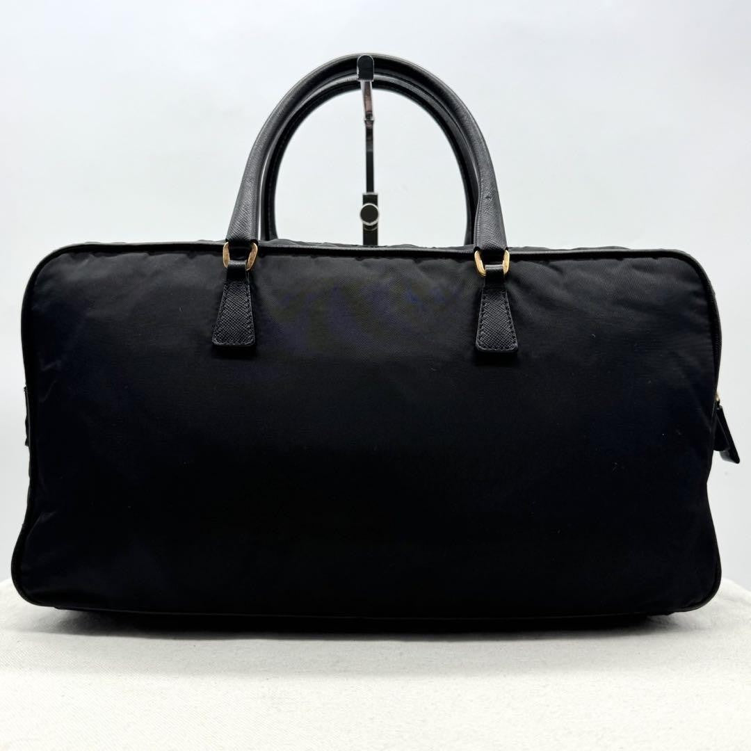 PRADA Hand Bag Tote Purse Logo Nylon Leather Black Authentic