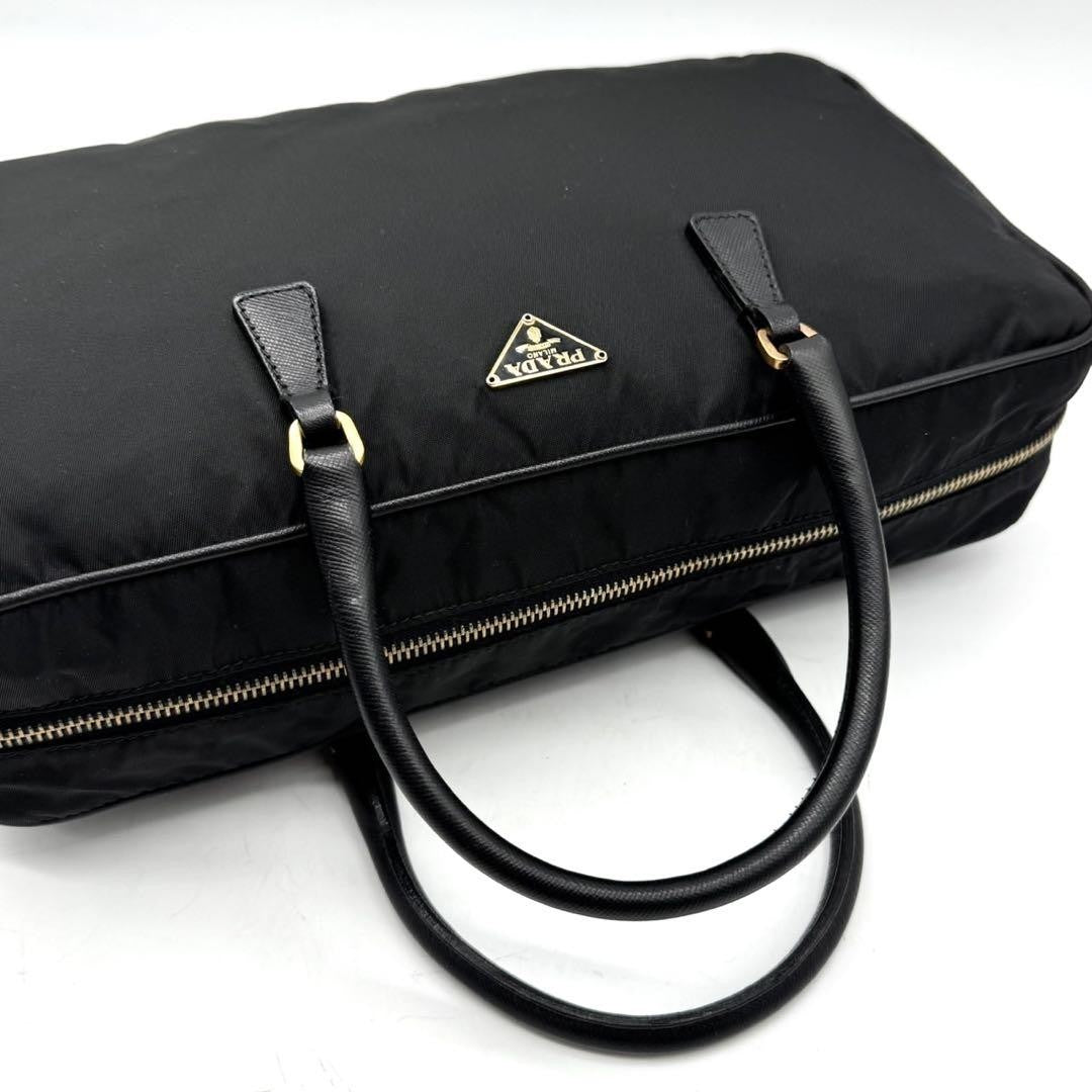 PRADA Hand Bag Tote Purse Logo Nylon Leather Black Authentic