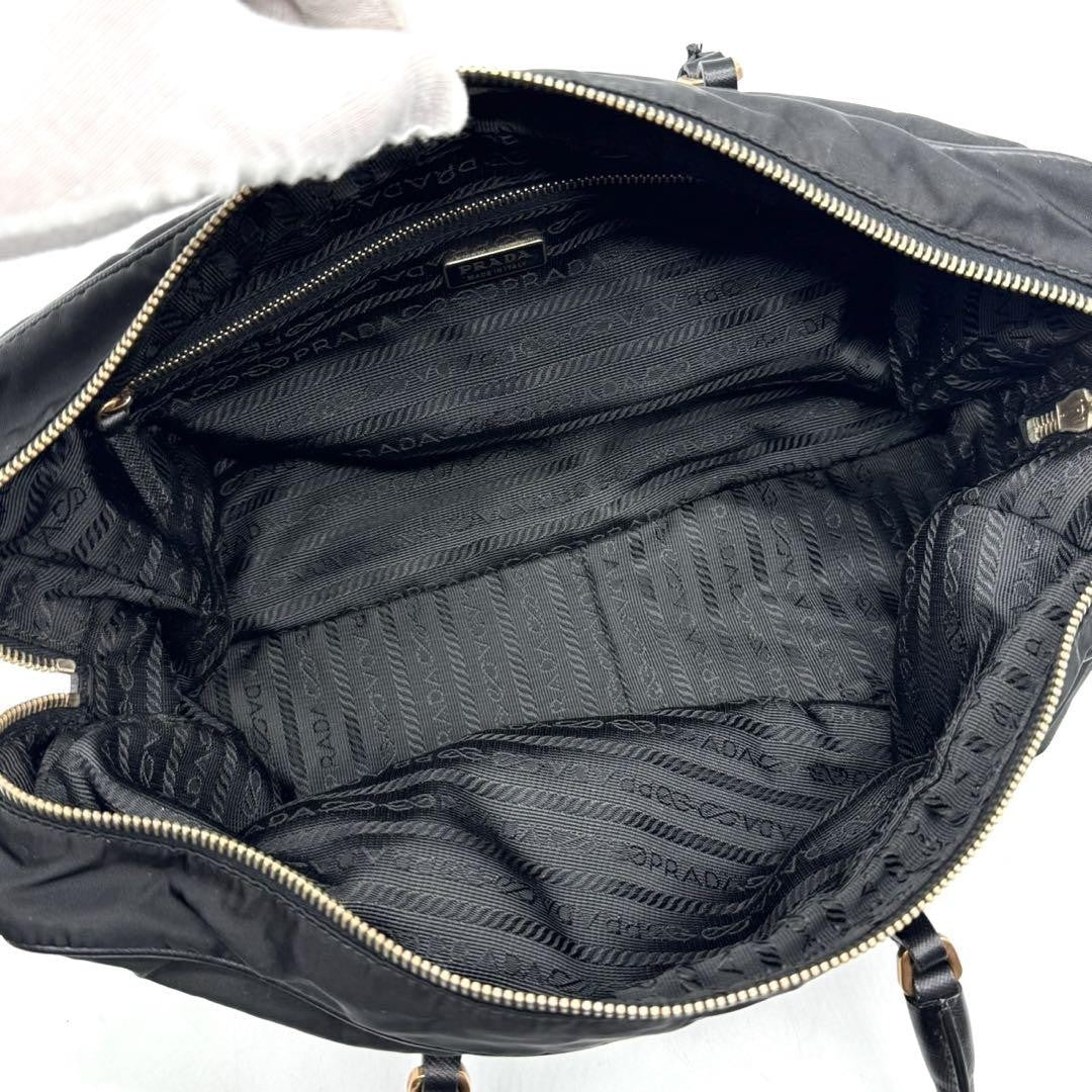 PRADA Hand Bag Tote Purse Logo Nylon Leather Black Authentic