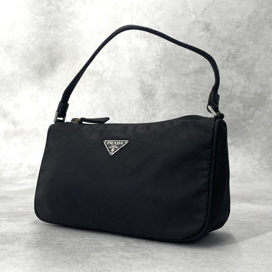 PRADA Accessory Pouch Hand Bag Tote Purse Logo Nylon Black Authentic