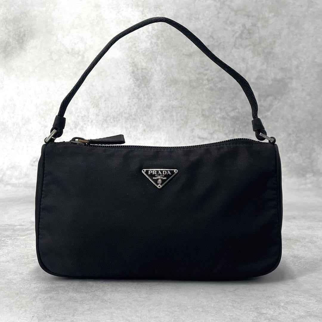 PRADA Accessory Pouch Hand Bag Tote Purse Logo Nylon Black Authentic