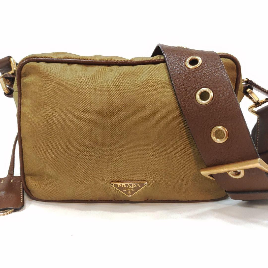 PRADA Shoulder Camera Bag Purse Logo Nylon Leather Brown Authentic