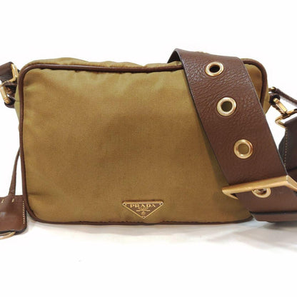 PRADA Shoulder Camera Bag Purse Logo Nylon Leather Brown Authentic