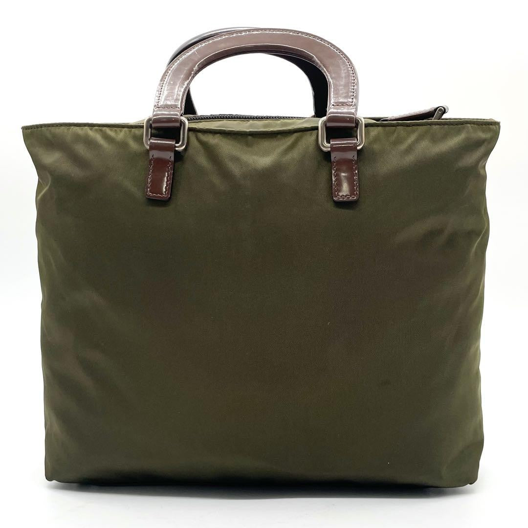 PRADA Hand Shoulder Bag Tote Purse 2way Nylon Leather Khaki Brown Authentic