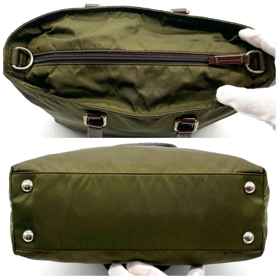 PRADA Hand Shoulder Bag Tote Purse 2way Nylon Leather Khaki Brown Authentic