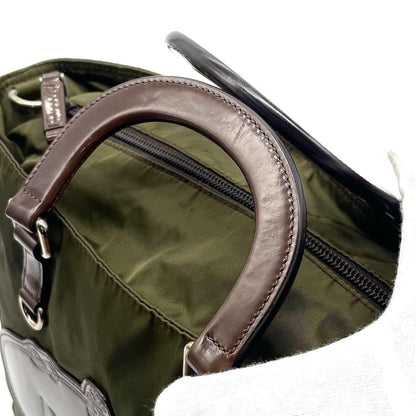 PRADA Hand Shoulder Bag Tote Purse 2way Nylon Leather Khaki Brown Authentic