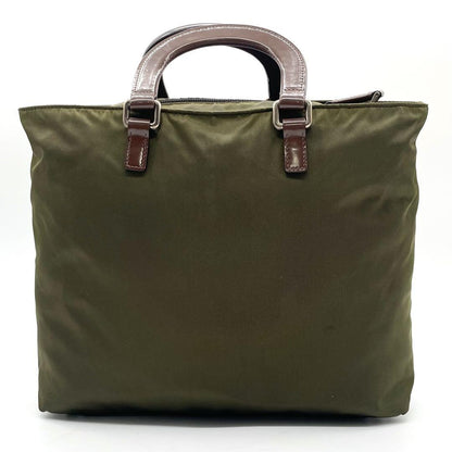 PRADA Hand Shoulder Bag Tote Purse 2way Nylon Leather Khaki Brown Authentic