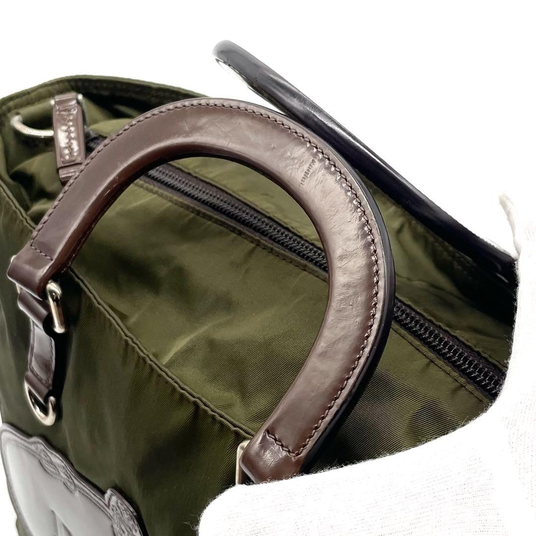 PRADA Hand Shoulder Bag Tote Purse 2way Nylon Leather Khaki Brown Authentic
