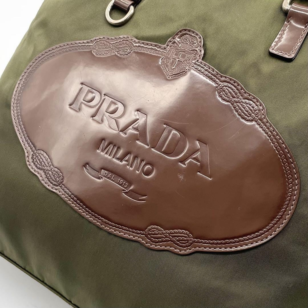 PRADA Hand Shoulder Bag Tote Purse 2way Nylon Leather Khaki Brown Authentic