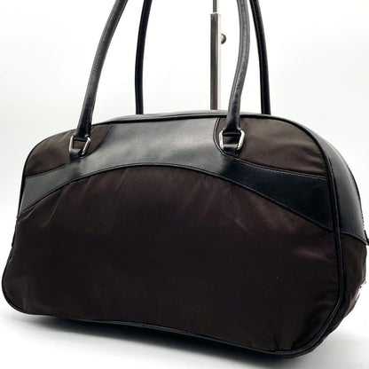 PRADA Mini Boston Hand Bag Tote Purse Logo Nylon Leather Black Brown Authentic