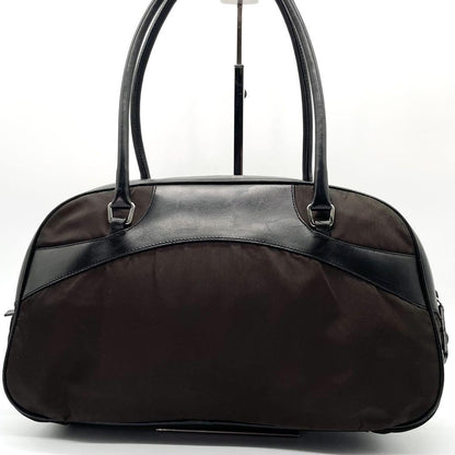 PRADA Mini Boston Hand Bag Tote Purse Logo Nylon Leather Black Brown Authentic