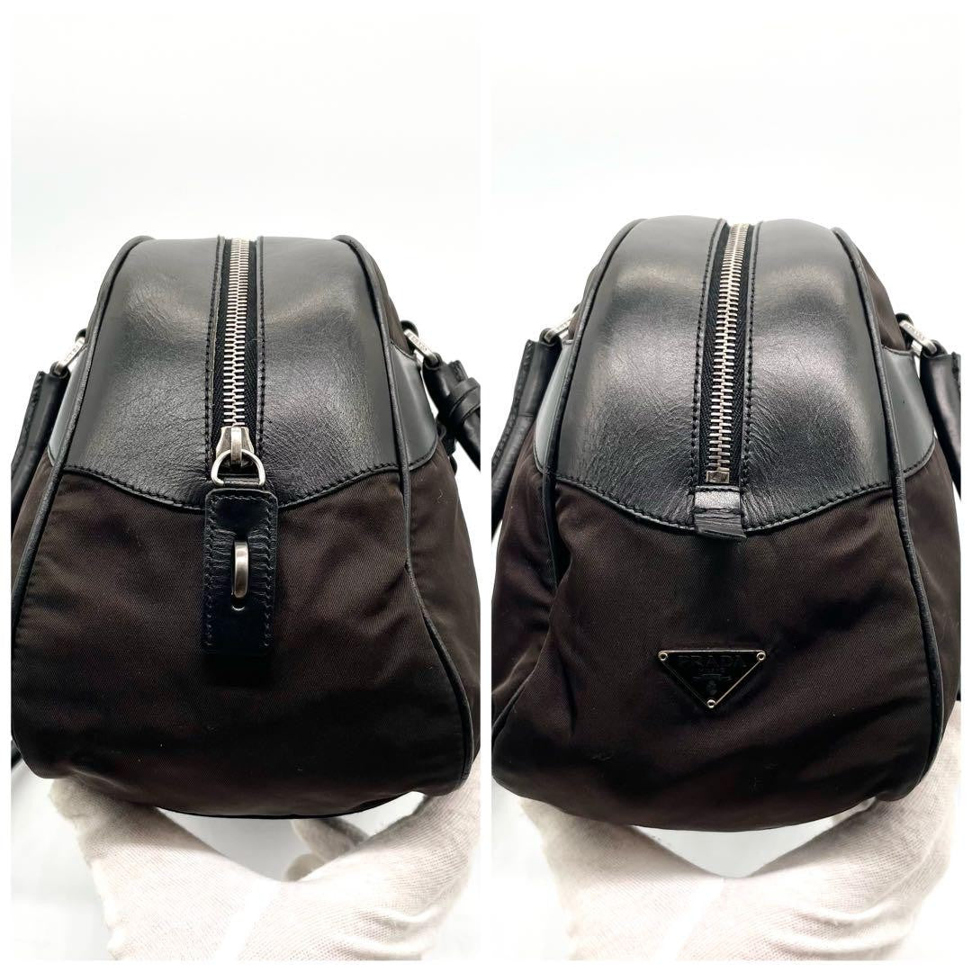 PRADA Mini Boston Hand Bag Tote Purse Logo Nylon Leather Black Brown Authentic