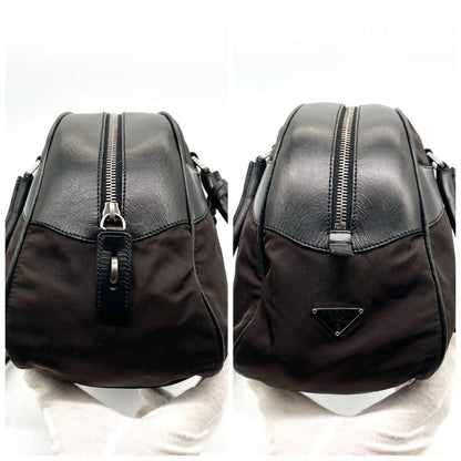 PRADA Mini Boston Hand Bag Tote Purse Logo Nylon Leather Black Brown Authentic