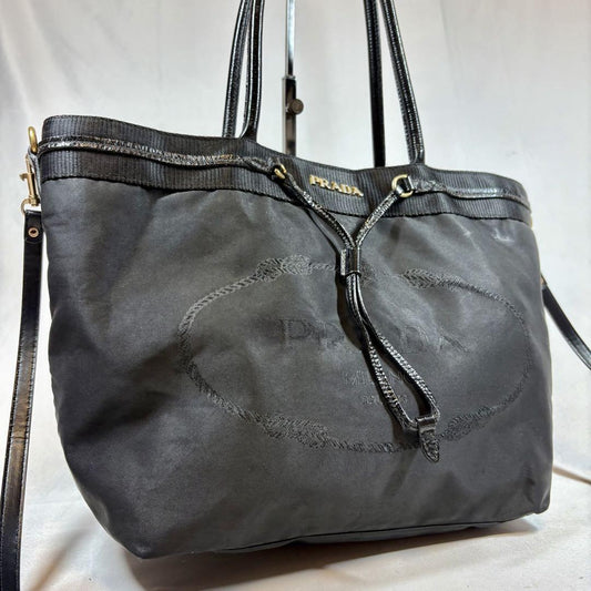 PRADA Hand Shoulder Bag Tote Purse 2way Leather Black Authentic