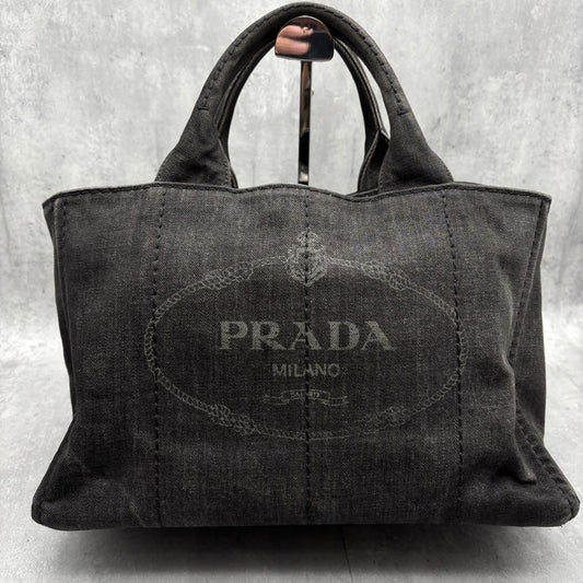 PRADA Hand Bag Tote Purse Canapa Denim Black Authentic