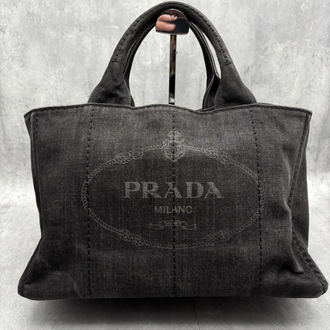 PRADA Hand Bag Tote Purse Canapa Denim Black Authentic