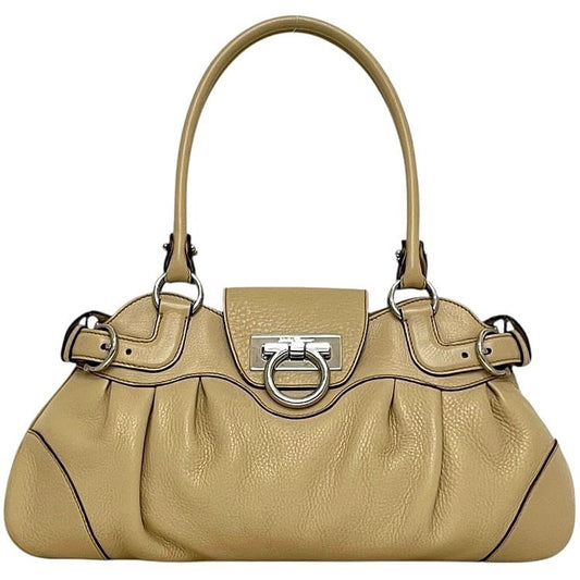 Salvatore Ferragamo Hand Bag Tote Purse Gancini Leather Beige Authentic