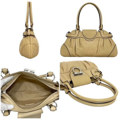 Salvatore Ferragamo Hand Bag Tote Purse Gancini Leather Beige Authentic
