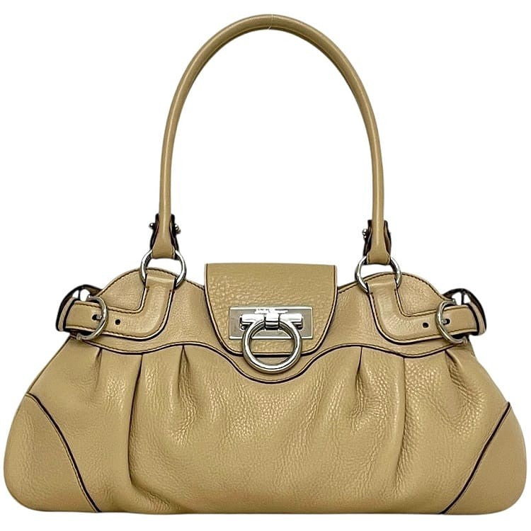 Salvatore Ferragamo Hand Bag Tote Purse Gancini Leather Beige Authentic