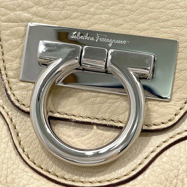 Salvatore Ferragamo Hand Bag Tote Purse Gancini Leather Beige Authentic