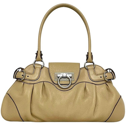 Salvatore Ferragamo Hand Bag Tote Purse Gancini Leather Beige Authentic