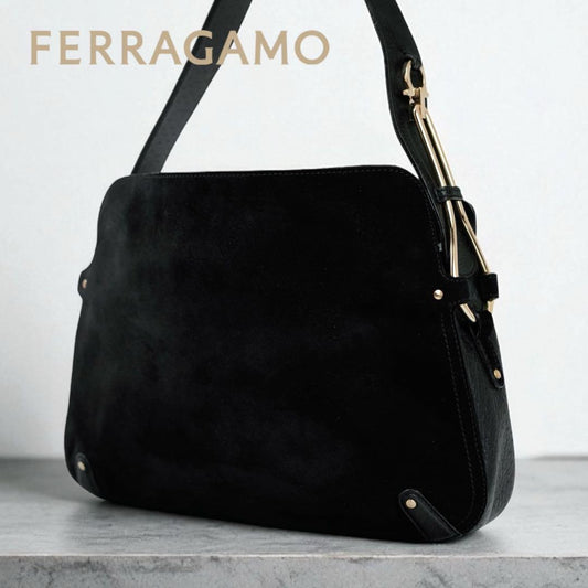Salvatore Ferragamo Shoulder Bag Purse Gancini Suede Leather Black Authentic