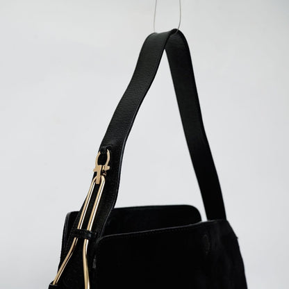 Salvatore Ferragamo Shoulder Bag Purse Gancini Suede Leather Black Authentic