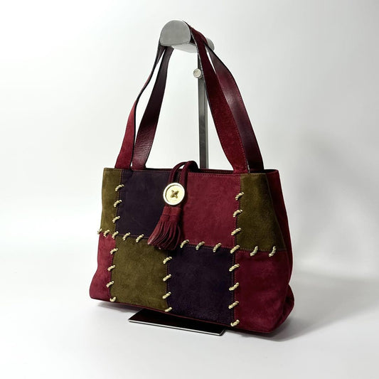Salvatore Ferragamo Hand Shoulder Bag Tote Purse Patchwork Suede Red Authentic
