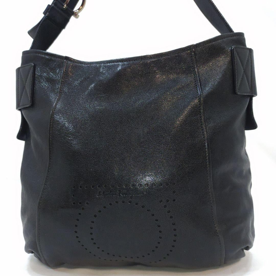 Salvatore Ferragamo Shoulder Bag Purse Gancini Leather Black Authentic