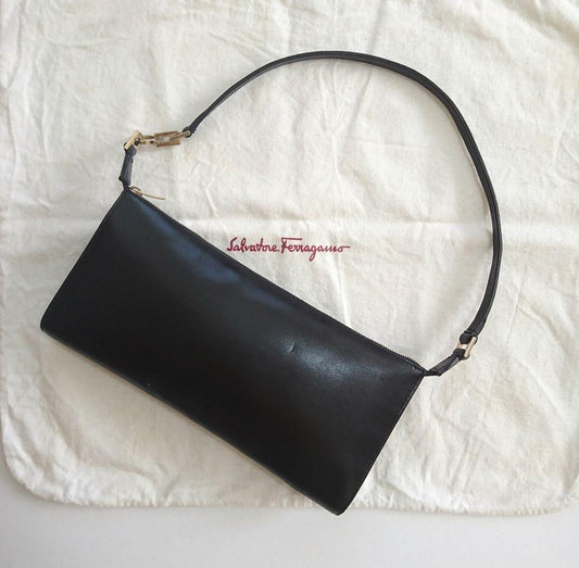 Salvatore Ferragamo Accessory Pouch Hand Bag Tote Purse Leather Black Authentic