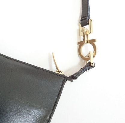 Salvatore Ferragamo Accessory Pouch Hand Bag Tote Purse Leather Black Authentic