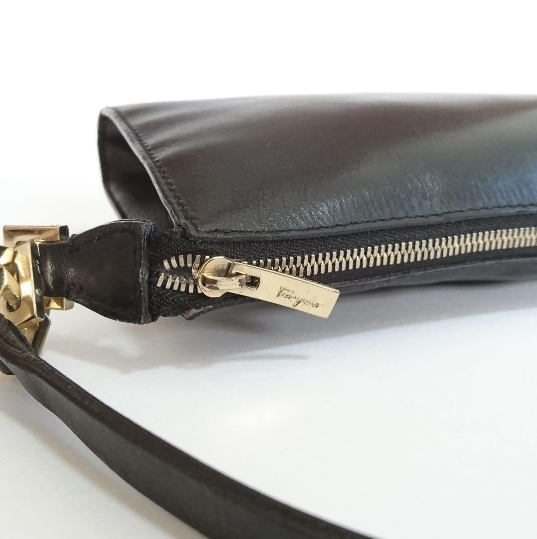 Salvatore Ferragamo Accessory Pouch Hand Bag Tote Purse Leather Black Authentic