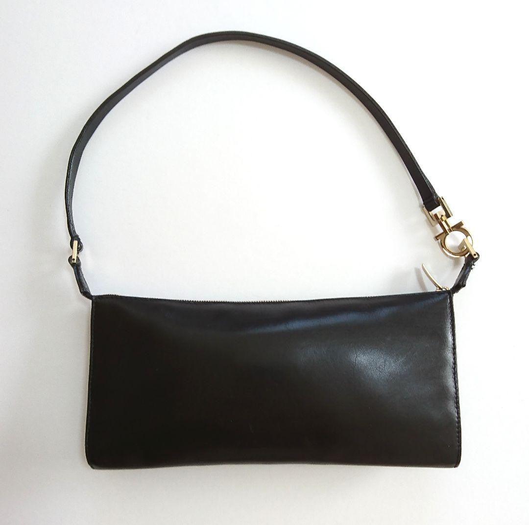 Salvatore Ferragamo Accessory Pouch Hand Bag Tote Purse Leather Black Authentic