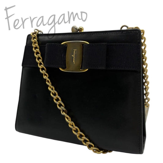 Salvatore Ferragamo Shoulder Bag Purse Vara Ribbon Chain Black Navy Authentic