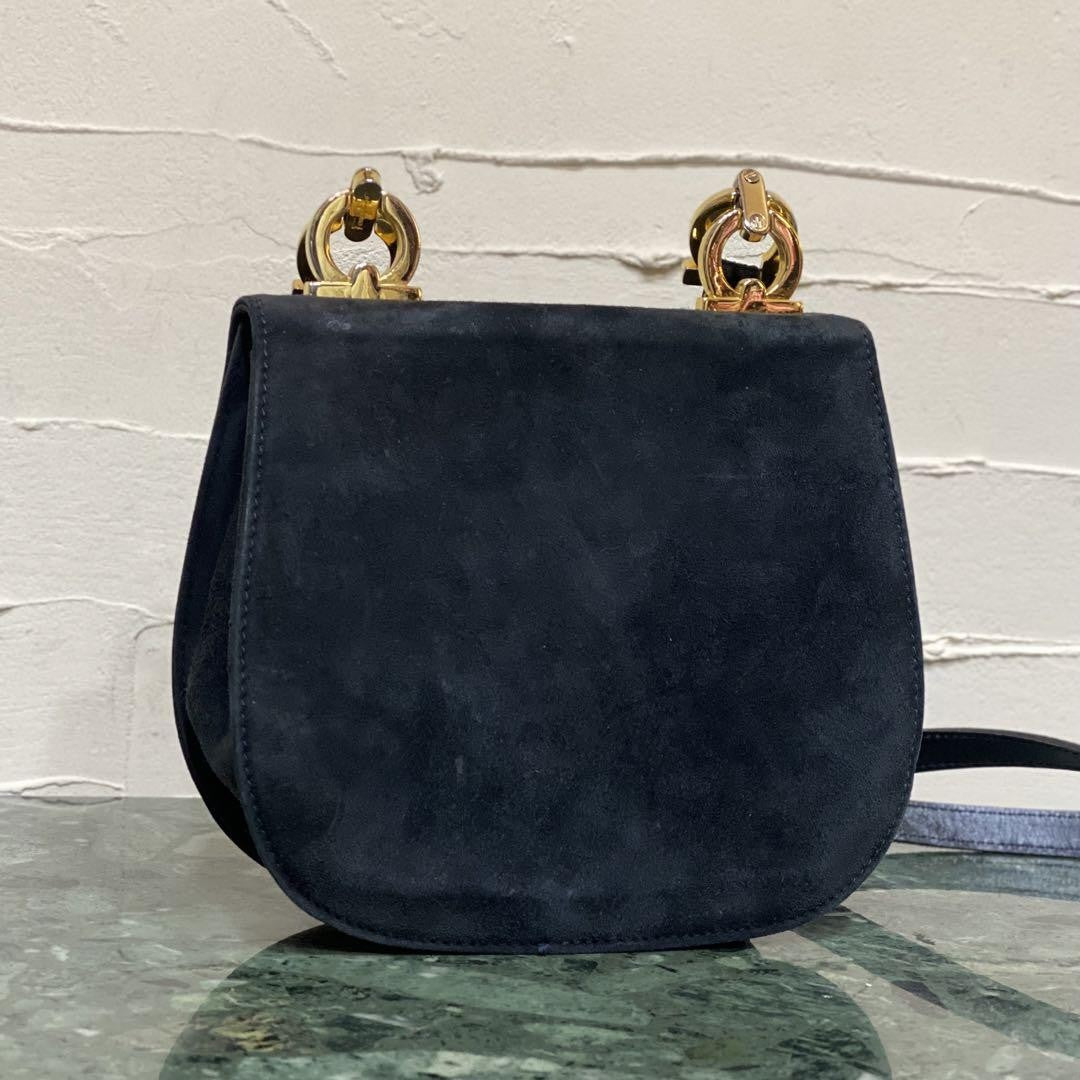 Salvatore Ferragamo Shoulder Bag Purse Gancini Suede Leather Authentic