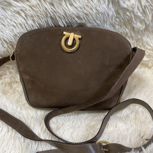 Salvatore Ferragamo Shoulder Bag Purse Gancini Suede Brown Authentic