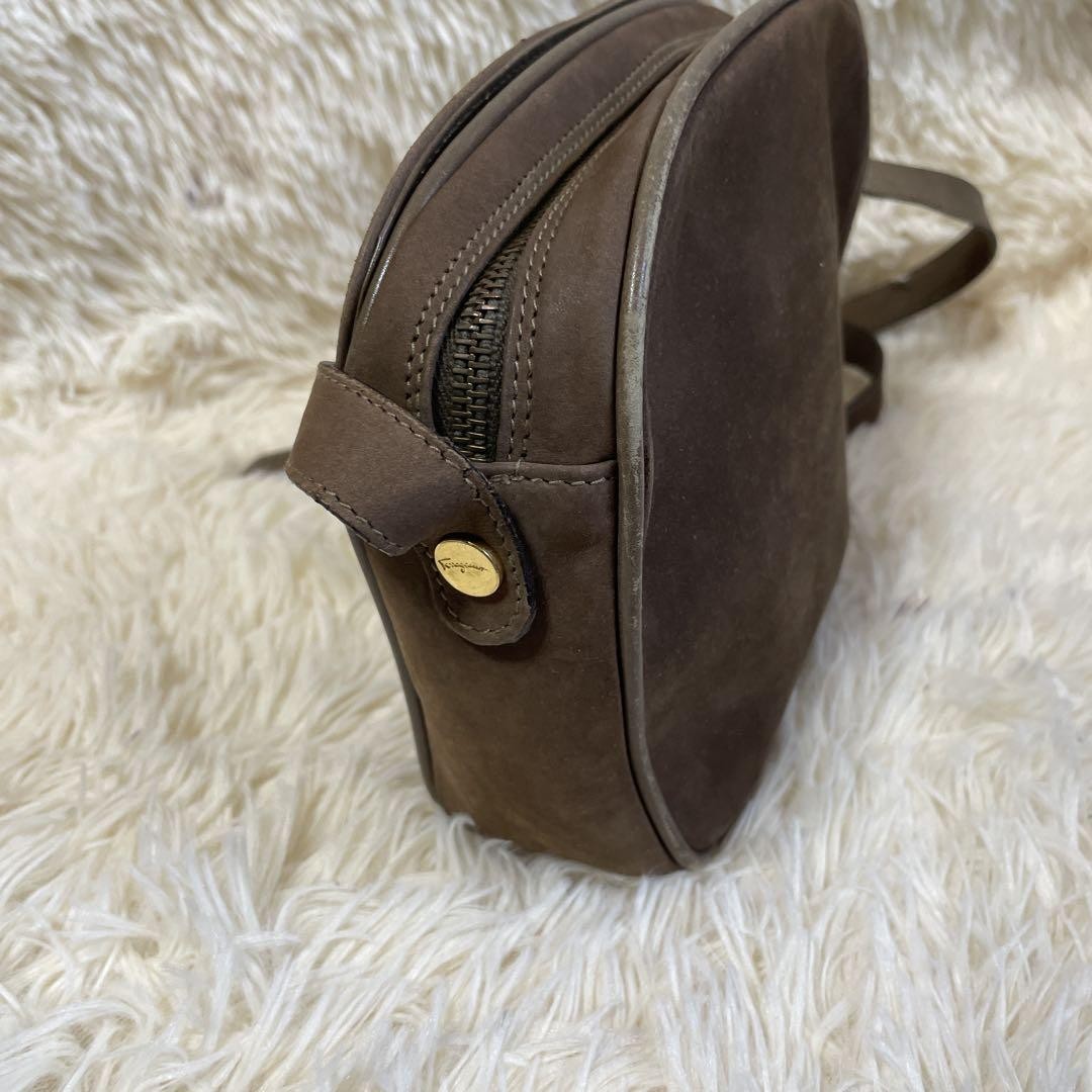 Salvatore Ferragamo Shoulder Bag Purse Gancini Suede Brown Authentic