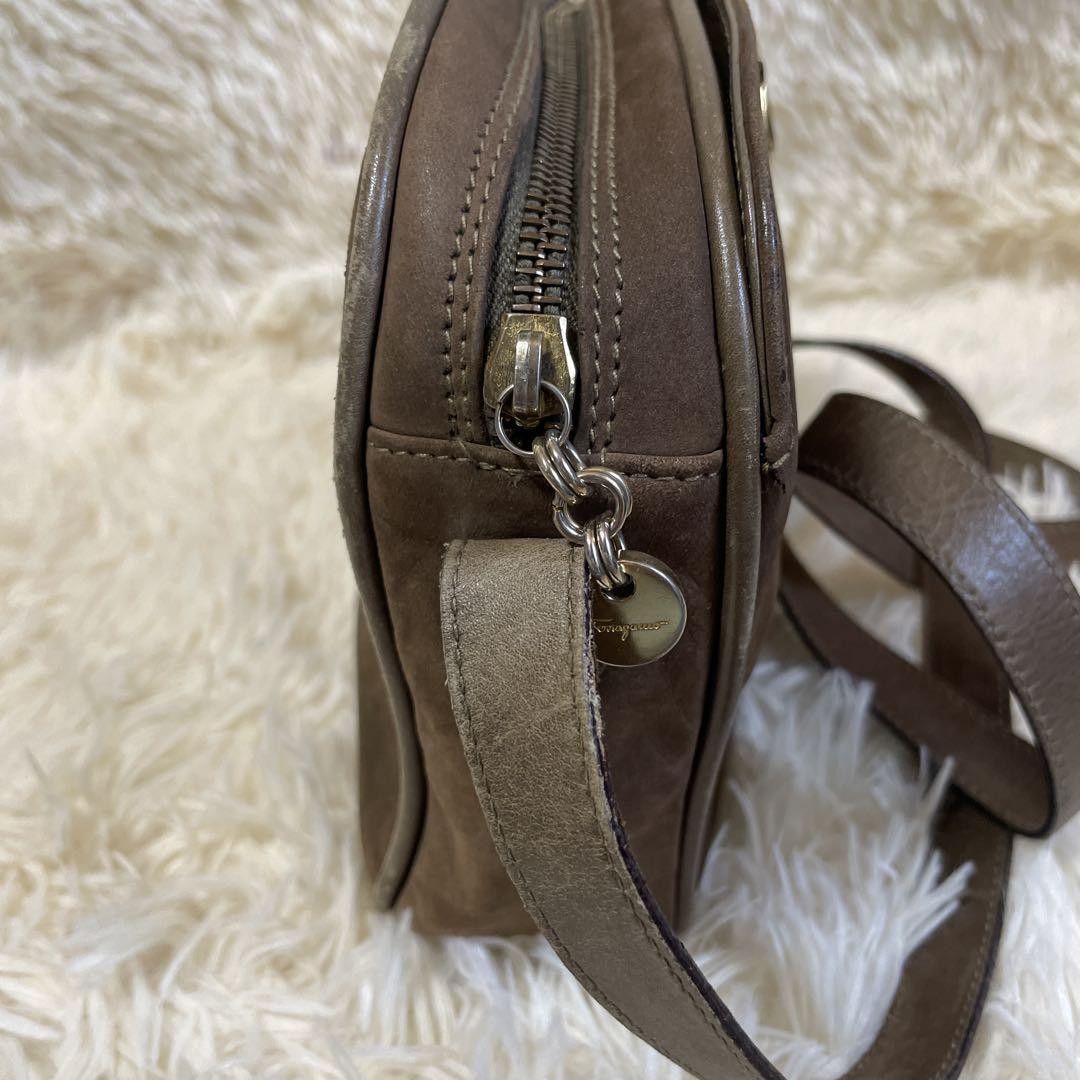 Salvatore Ferragamo Shoulder Bag Purse Gancini Suede Brown Authentic
