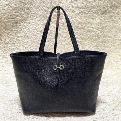 Salvatore Ferragamo Hand Bag Tote Purse Gancini Leather Black Authentic