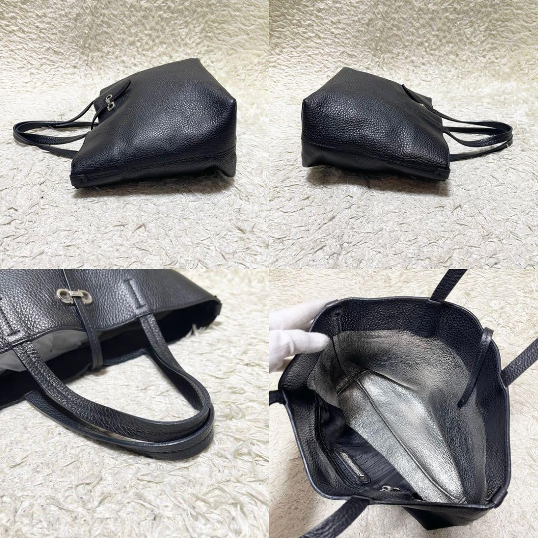 Salvatore Ferragamo Hand Bag Tote Purse Gancini Leather Black Authentic