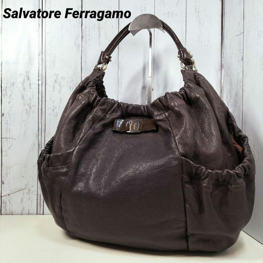 Salvatore Ferragamo Hand Bag Tote Purse Vara Ribbon Leather Brown Authentic