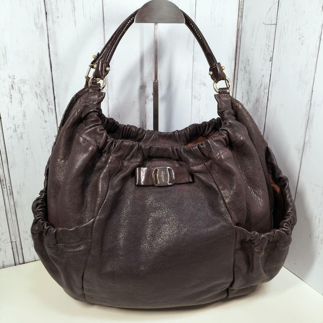 Salvatore Ferragamo Hand Bag Tote Purse Vara Ribbon Leather Brown Authentic