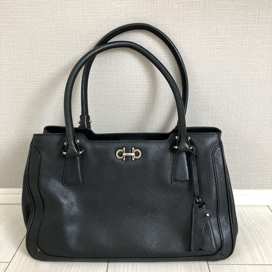 Salvatore Ferragamo Hand Bag Tote Purse Gancini Black Authentic