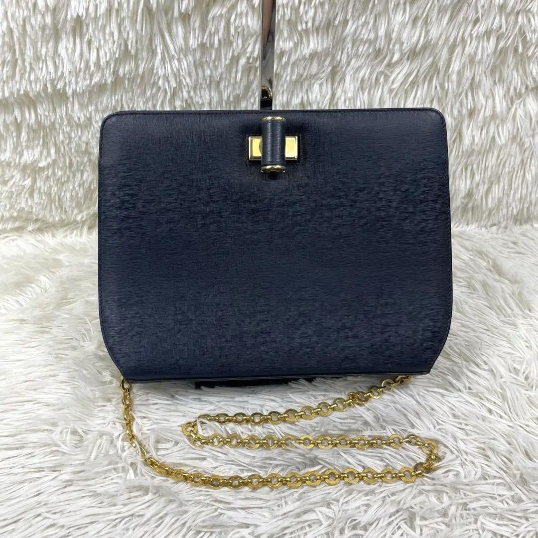 Salvatore Ferragamo Shoulder Bag Purse Chain Leather Navy Authentic